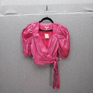 Miss Lola Womens Pink Wrap Blouse M With Puff Sleeves & Tie Waist